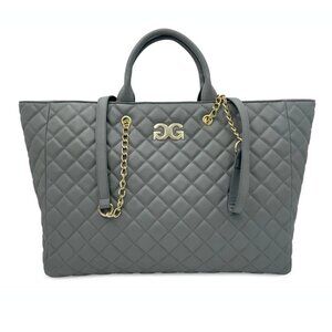 Gilda Paris Large Quilted Tote Bag Grey Vegan Leather and Gold Accents